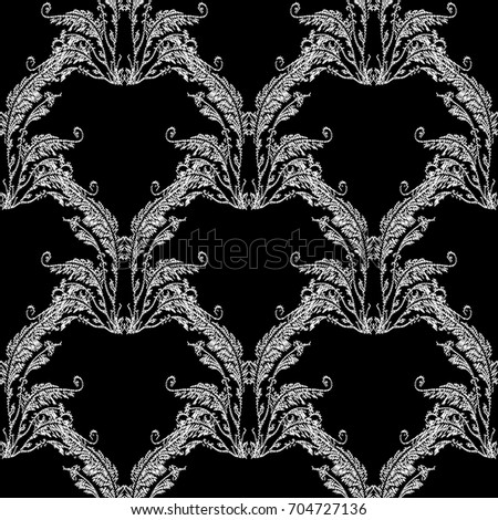 Baroque embroidery seamless pattern. Floral damask black background wallpaper with white vintage grunge flowers, arras scroll leaves and antique tapestry baroque ornaments. Floral vector hatch texture