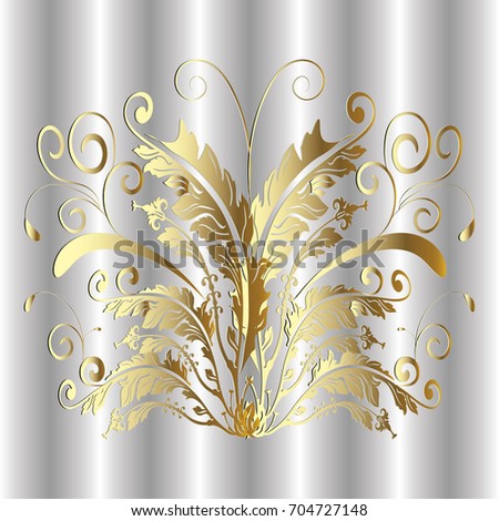 Baroque butterfly pattern. Floral damask silver drapery background  with 3d gold butterfly, flowers, scroll leaves and antique abstract ornaments in Baroque victorian style. Vector luxury  texture