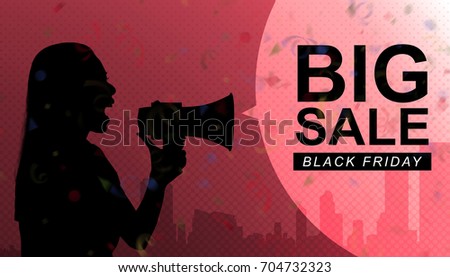 Silhouette of woman with megaphone telling big sale on Black Friday day