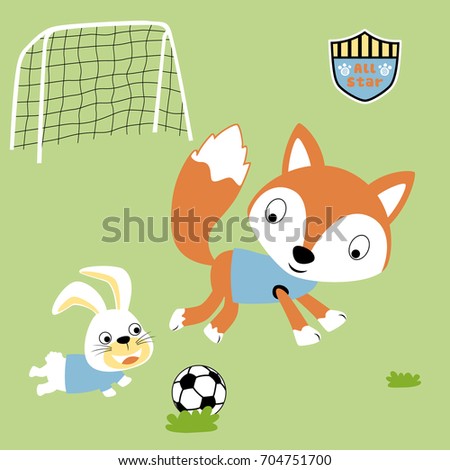 Cute fox with bunny playing soccer, vector cartoon illustration