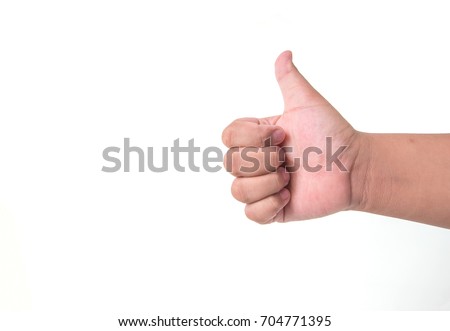 Right hand of a boy Thumbs up On a white backdrop