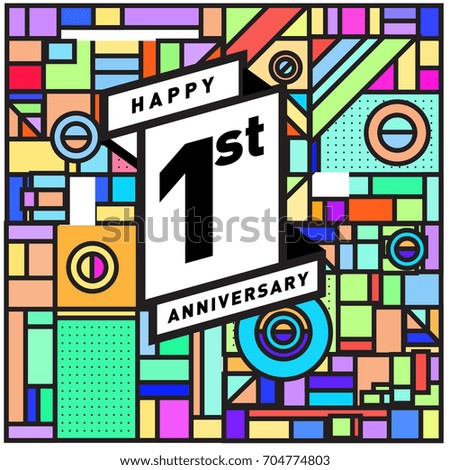One years greeting card anniversary with colorful number and frame. logo and icon with Memphis style cover and design template