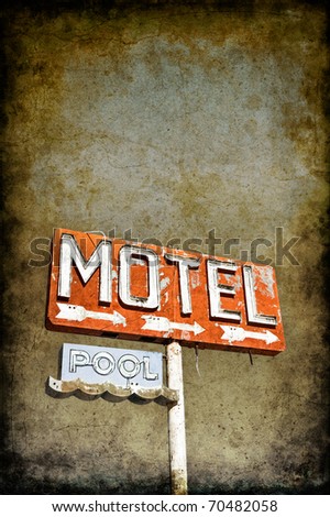 An old vintage, neon sign with a grainy grunge paper background.