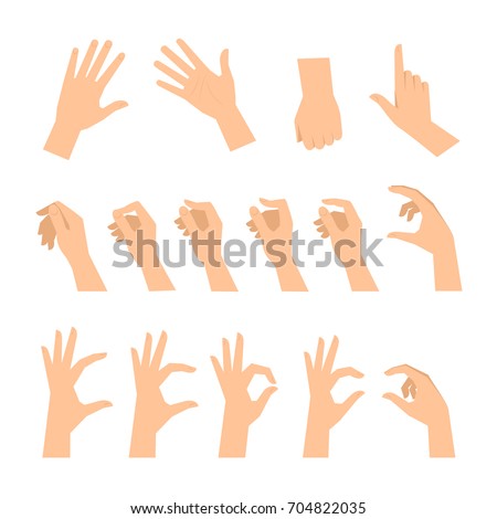 Various gestures of human hands isolated  on a white background. Vector flat illustration of female hands in different situations. Vector design elements for infographic, web, internet, presentation. Royalty-Free Stock Photo #704822035