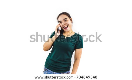young asian woman model posing with smartphone isolate on white background.
