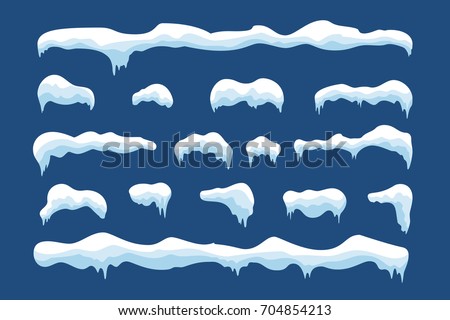 Snow ice icicle set Winter design. White blue snow template. Snowy frame decoration isolated on blue background. Cartoon style. Christmas, New Year frozen ice texture Vector illustration Royalty-Free Stock Photo #704854213