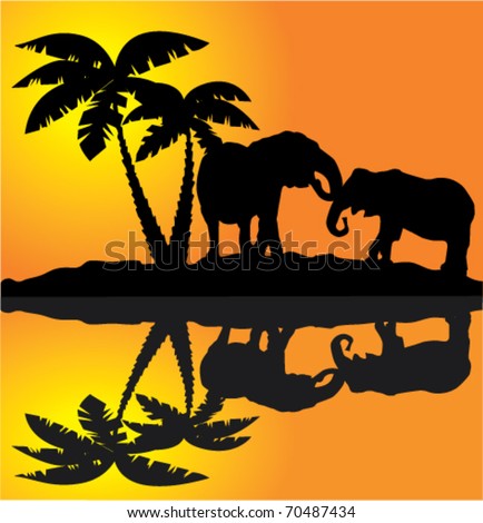 vector african landscape with palms, elephants and reflection