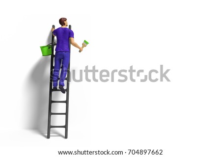 toy miniature figurine character with ladder and green paint in front of a wall