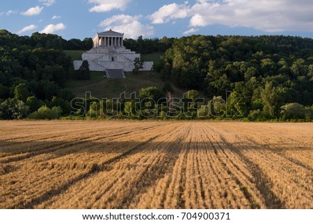 Field view on the Walhalla memorial, Regensburg, Germany, hall of fame that honors laudable and distinguished people in German history.