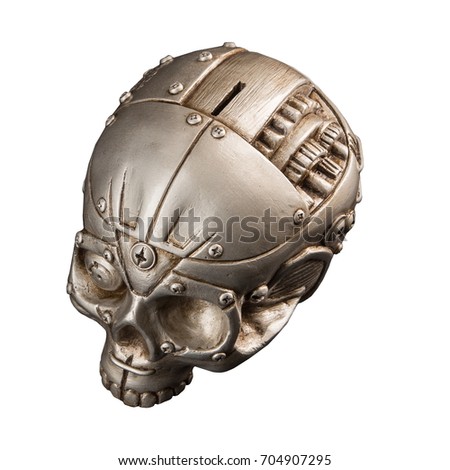 Gypsum figurine money box metal plaster skull with mechanisms in the style of Steam-punk on a white background