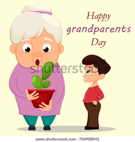 Grandparents day greeting card. Grandson giving a cactus to his grandmother. Raster illustration