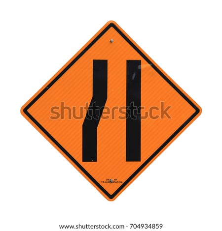 Texture: Die Cut of Narrow Lane Sign with Black Symbol on Orange Background. Traffic Sign.