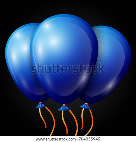 Realistic blue balloons with ribbon isolated on black background. Vector illustration of shiny colorful glossy balloons