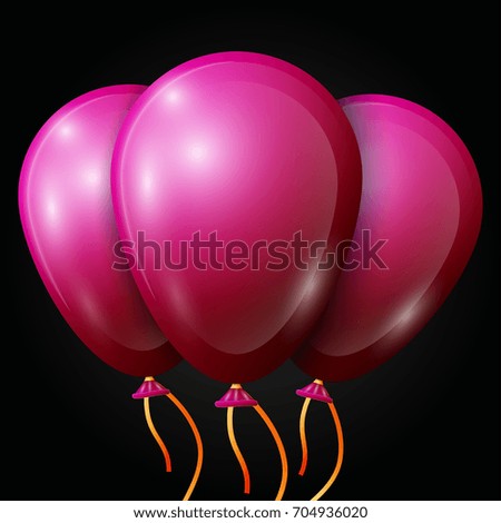 Realistic red balloons with ribbon isolated on black background. Vector illustration of shiny colorful glossy balloons