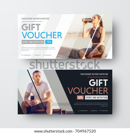 Design of a vector gift voucher with diagonal lines and a place for the image. Universal flyer template for advertising sports nutrition. Blurred photo for an example.