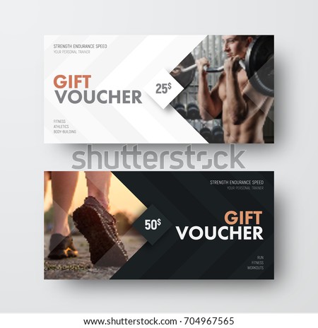 Vector gift voucher template with an arrow, a diamond and a place for the image. Universal white and black flyer template for advertising a gym or business. Blurred photo for an example. Royalty-Free Stock Photo #704967565