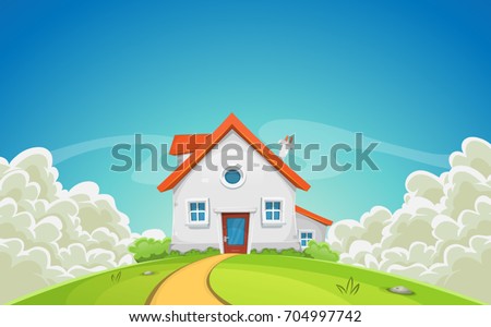 House Inside Nature Landscape With Clouds/
Illustration of a cartoon country house in spring or summer season, with fields of grass, rounded cloudscape and beautiful shining sky background