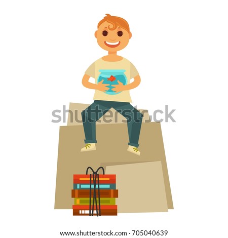 Home move happy boy child sitting with books packs and vector aquarium