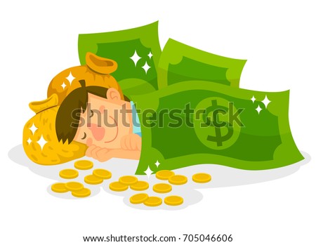 man sleeping with dollar bills, money bags and coins