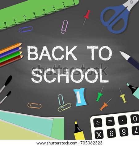 Colorful vector background with hand drawn school supplies on blackboard
