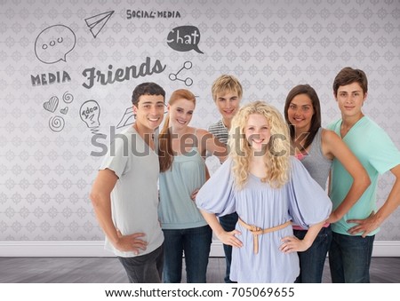 Digital composite of Group of young adults standing in front of friends and social media text