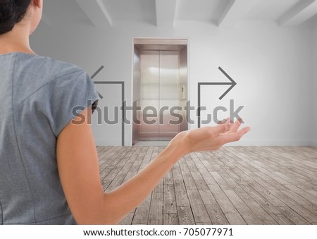 Digital composite of Confused business woman against white room background with grey arrows