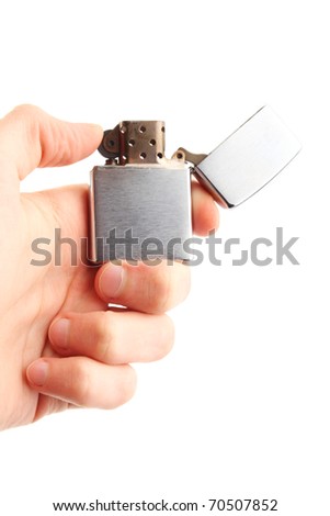 Hand hold  holding lighter, on white background