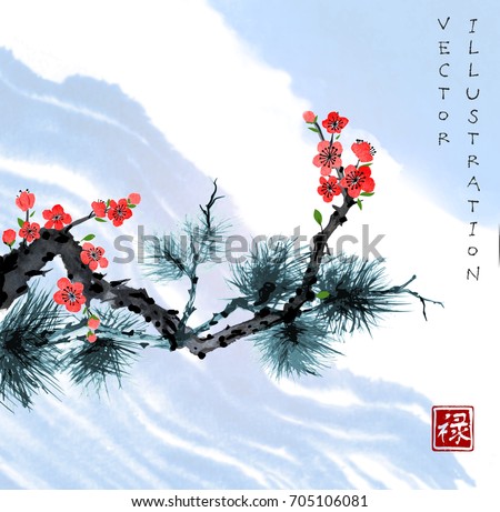 Sakura blossom and pine tree branch in blue sky. Traditional oriental ink painting sumi-e, u-sin, go-hua. Contains hieroglyph - well-being
