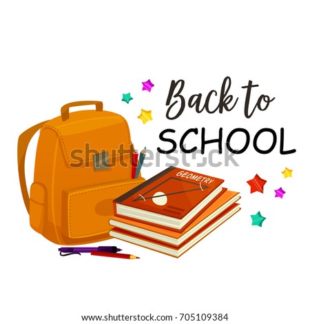 Back to School poster of rucksack or school bag and lesson book or copybook, pen and pencil stationery or education study supplies with vector star confetti for Back to School design.
