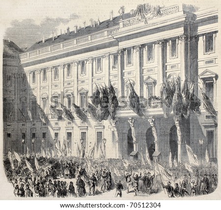 Popular festivities in Madrid, in front of queen palace, for taking of Tetouan in Morocco. Drawing of  Blanchard, after sketch of Gomez, published on L'Illustration, Journal Universel, Paris, 1860