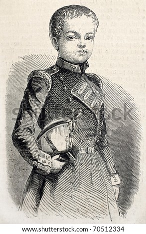 Old antique portrait of Prince of Asturies, heir to the throne of Spain. Original, from drawing of  De Pontelli, was published on L'Illustration, Journal Universel, Paris, 1860