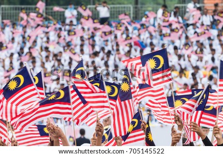 Hands waving Malaysia Flag. Patriotism and Merdeka Day Celebration Royalty-Free Stock Photo #705145522