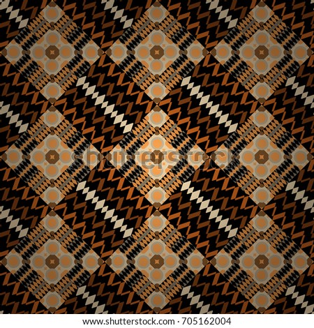 Geometric abstract mosaic seamless pattern with tiles and simple shapes in brown, beige and orange colors for fashion. Seamless grunge micro vector print. Abstract dynamic retro tiles background.