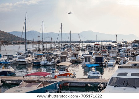 Picture of pier with boats in harbor Trogir, Croatia. Travel destination in Europe