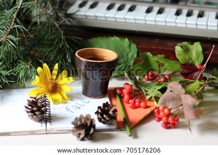 a Cup of coffee, Fall background, Autumn colors, Inspiration, Flower and rowan berries background, Music, Creative day, New day, Happy life, Be happy, Fall in the city, Art background, Piano play