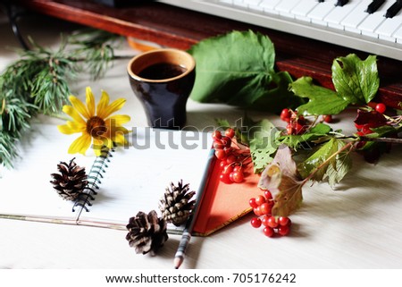 a Cup of coffee, Fall background, Autumn colors, Inspiration, Flower and rowan berries background, Music, Creative day, New day, Happy life, Be happy, Fall in the city, Art background, Piano play