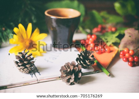 Fall background, Autumn colors or Coffee cup, Make notes, Planning your day, Autumn creative table space background, New day, Good morning, Coffee break, Fir cones background, Yellow, Inspiration