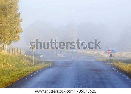 Fog at a crossroads on a country road