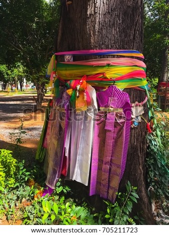 Holy thing Color Cloth and SACRIFICIAL OFFERING on Big Tree pay respect to the ghost in the temple area , Animism