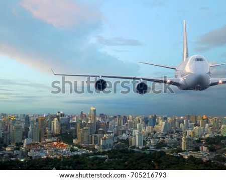 airplane with picture  of aerial view of the city
