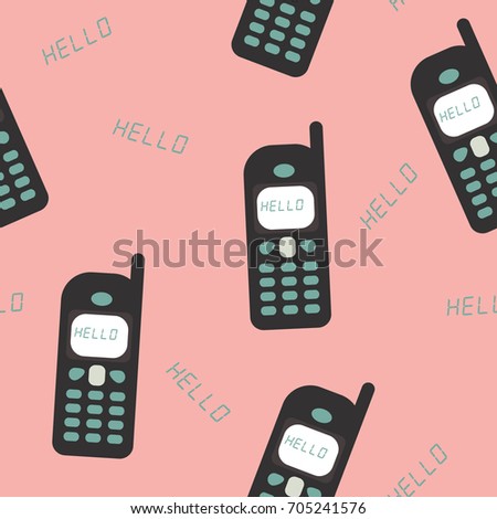 Seamless vector cute old school pattern. Old mobile phones with text "hello". Pink, black, green, white. Gift wrapping paper, cloth, fabric, web design.