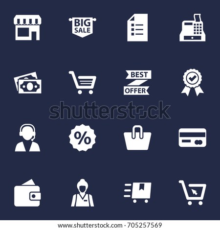 Set Of 16 Magazine Icons Set.Collection Of Billfold, Seller, Till And Other Elements.