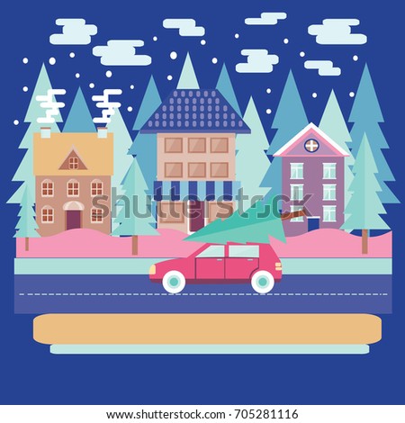 Merry Christmas and winter holiday greeting card design with Winter city landscape with firs in flat modern style. 