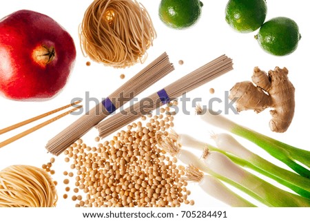 Food ingredients of Asian cuisine. Isolated on white