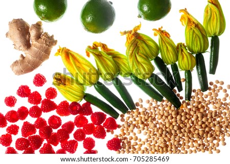 Different food ingredients isolated on white. Picture for print. Artistic food