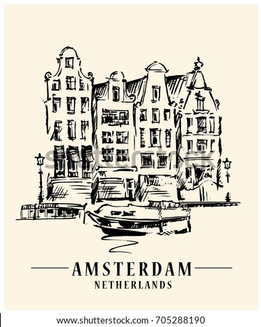 Bridge in Amsterdam, Holland, Netherlands Europe. Hand drawing. Travel sketch. Book illustration, postcard, poster in vector