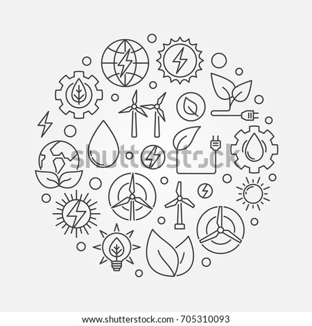 Alternative Energy circular illustration. Vector round concept symbol made with solar, bio, wind and water power linear icons