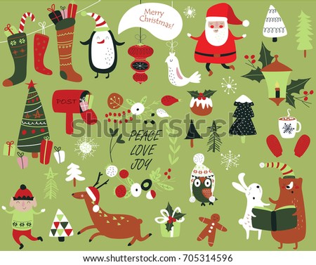 Christmas cards with cute Santa Claus, bear, trees, flowers,  mittens, snowflakes and christmas toys, penguin in winter cap, elf, christmas crackers and forest animals  in cartoon style Royalty-Free Stock Photo #705314596