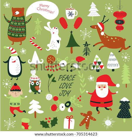 Christmas cards with cute Santa Claus, bear, trees, flowers,  mittens, snowflakes and christmas toys, penguin in winter cap, elf, christmas crackers and forest animals  in cartoon style Royalty-Free Stock Photo #705314623