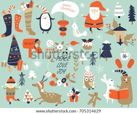 Christmas cards with cute Santa Claus, bear, trees, flowers,  mittens, snowflakes and christmas toys, penguin in winter cap, elf, christmas crackers and forest animals  in cartoon style Royalty-Free Stock Photo #705314629